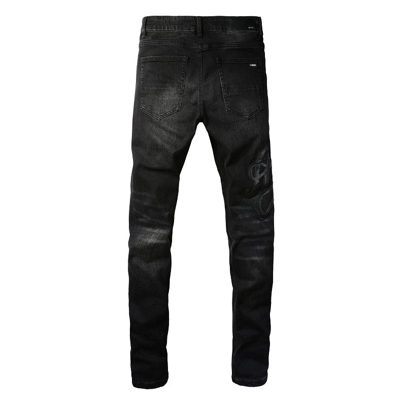 Pantalones vaqueros ajustados elásticos de tendencia urbana europea y americana con bordados empalmados para hombres #1312