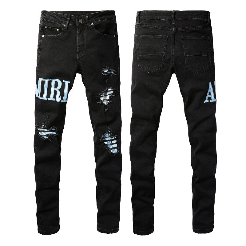 Pantalones vaqueros de estilo europeo y americano de estilo urbano para hombre, ajustados y finos, con parches rotos, de color azul claro, n.º 1315