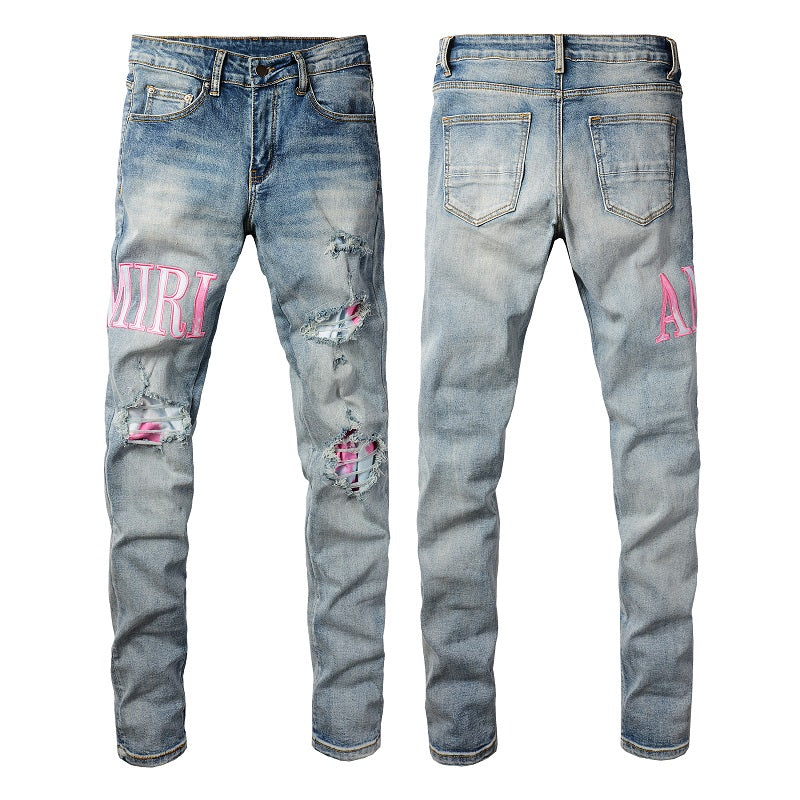 Pantalones vaqueros de estilo europeo y americano de estilo urbano para hombre, con parches rotos, ajustados y finos, para pies pequeños, n.° 1316