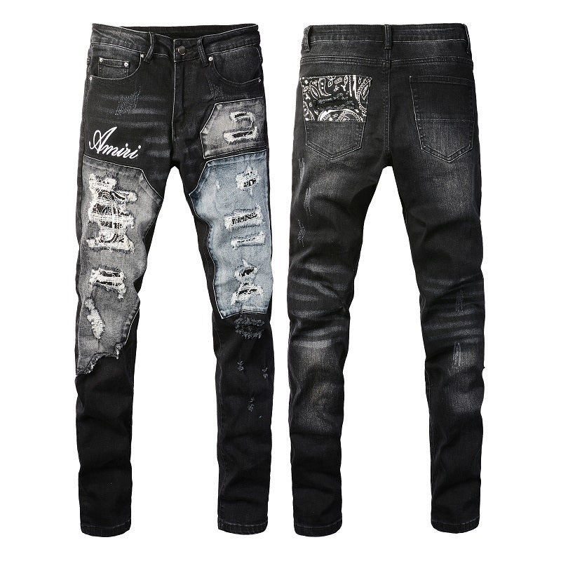 Men’s Black Distressed Skinny Jeans with Patchwork Detail 1322
