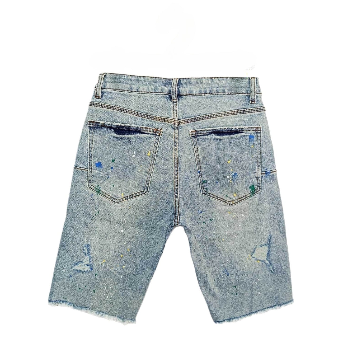 Light Blue Paint Splatter Denim Bermuda Shorts for Men - Green Blue Yellow Splatter, Distressed Look, Frayed Hem Summer Vibes