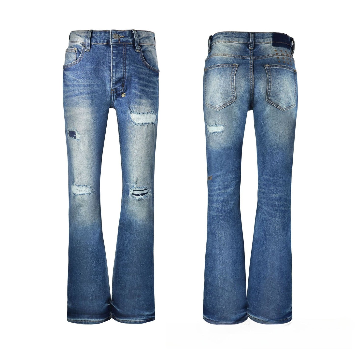 Men's Blue Slim Fit Jeans - Bold Radial Whisker Fading & Two-Tone Paneled Design