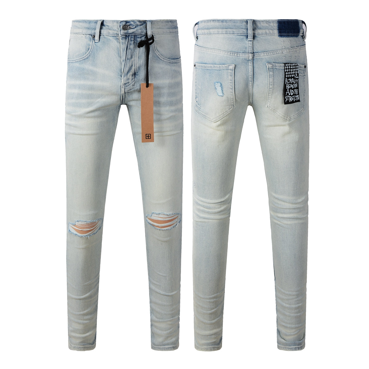 Jean skinny bleu clair décontracté avec détails vieillis au genou 3025