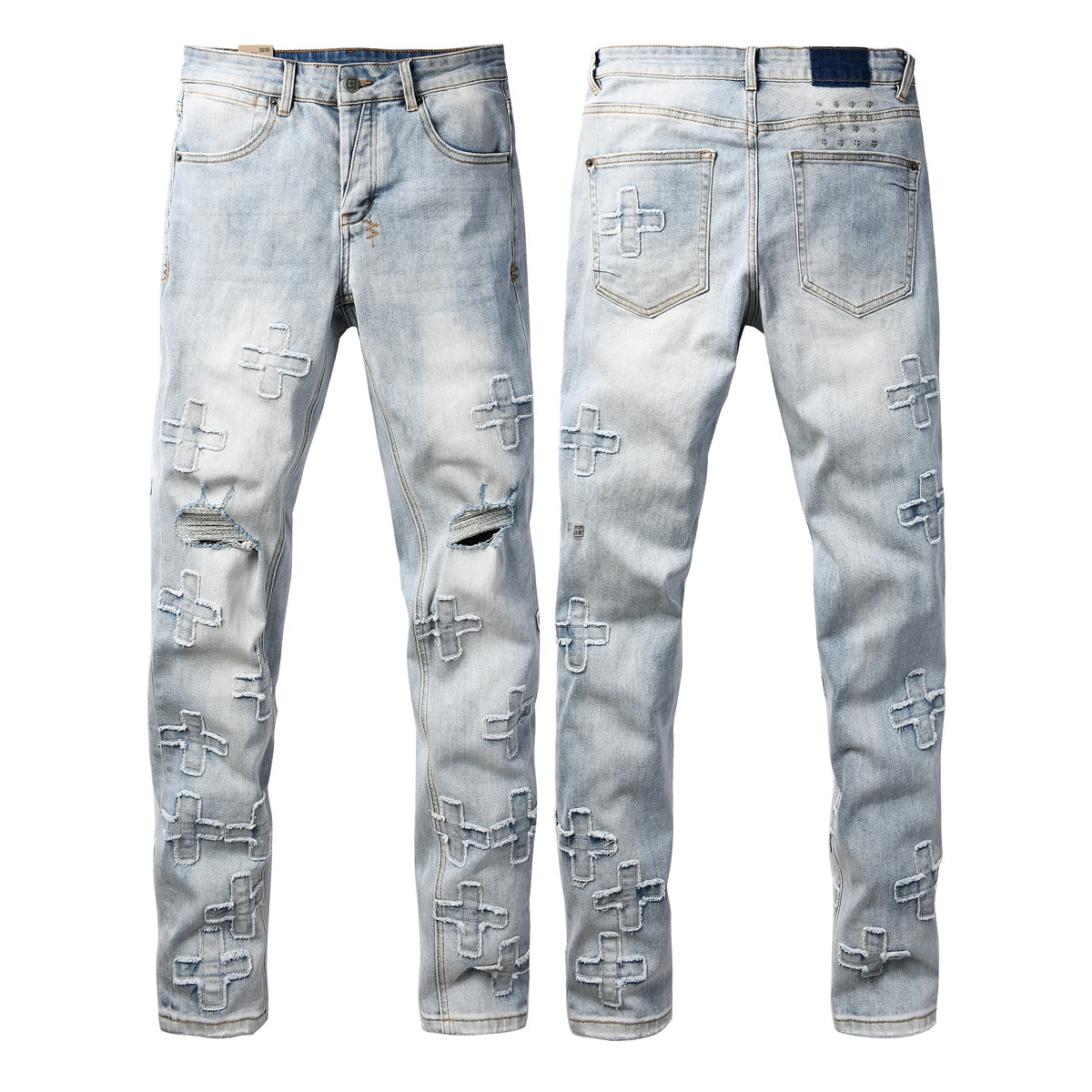Men's Light Wash Distressed Jeans Cross Patch Denim Pants Slim Fit Streetwear Fashion 3069