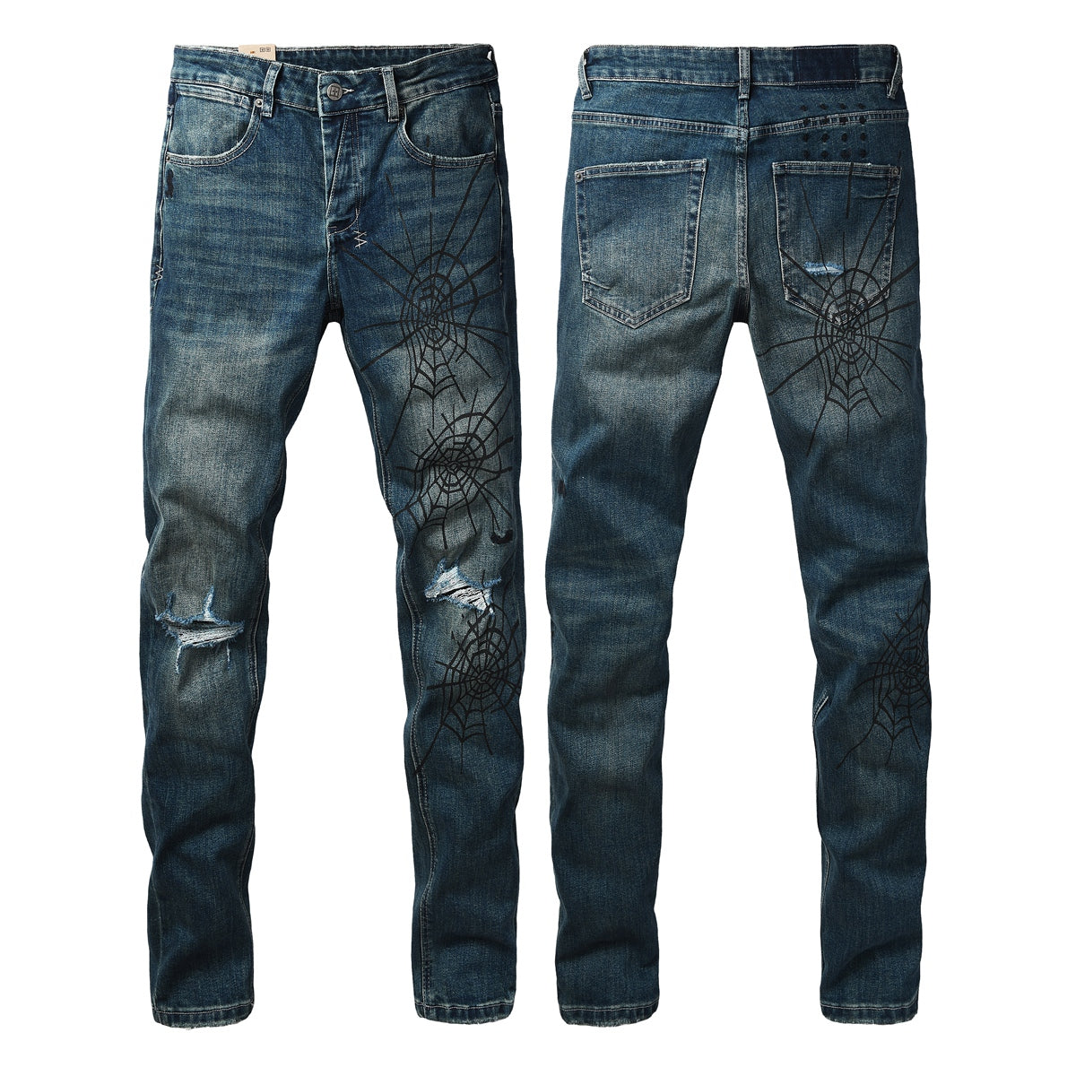 Dark Blue Distressed Spiderweb Graphic Slim Fit Denim Jeans 3070