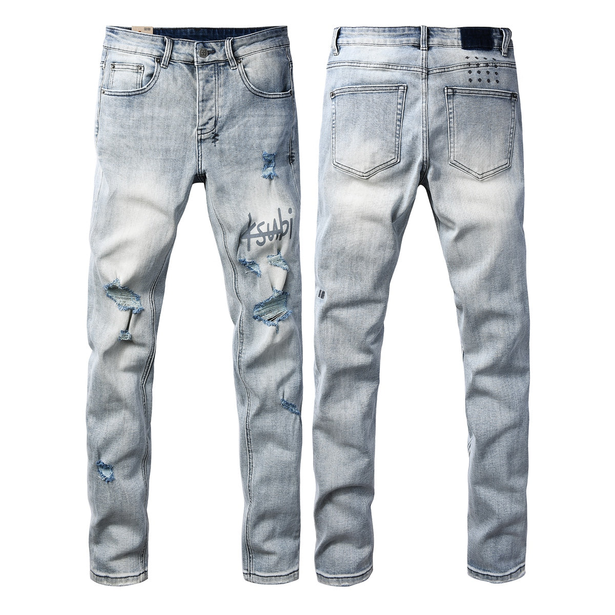 Men's Light Wash Distressed Jeans Slim Fit Denim Pants with Graphic Print Streetwear Style 3071