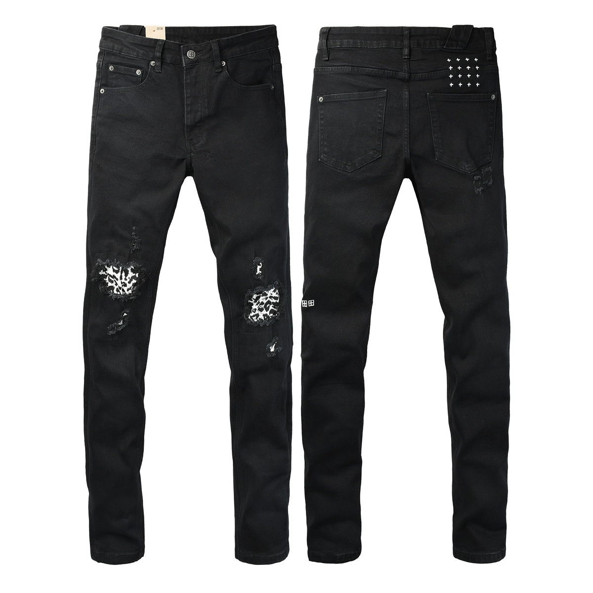 Black Distressed Leopard Print Patch Slim Fit Denim Jeans 3076