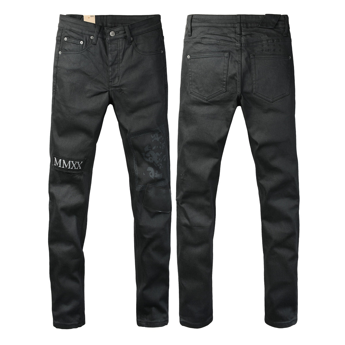 Washed Black MMXX Bandana Graphic Patchwork Slim Fit Jeans 3078