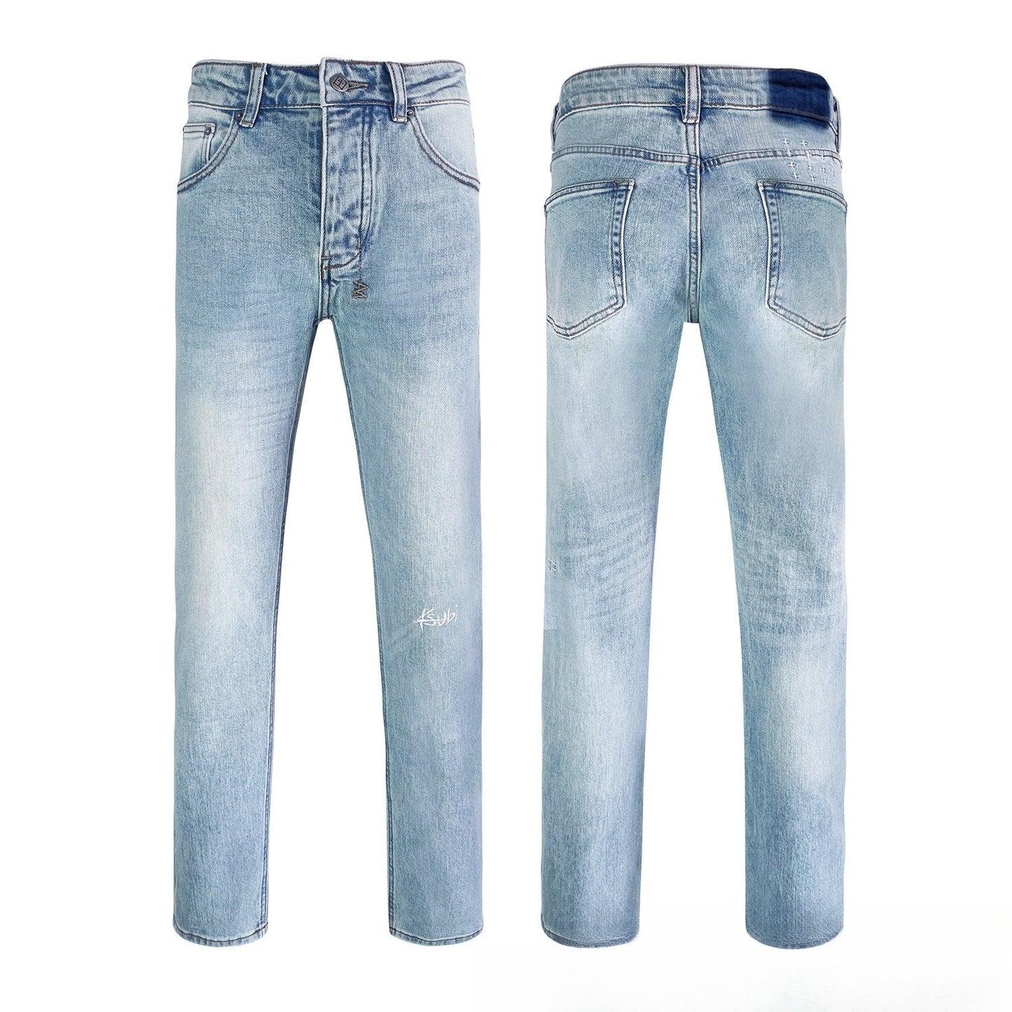 Vintage Blue Slim Straight Jeans Faded Wash Casual Street Denim Pants