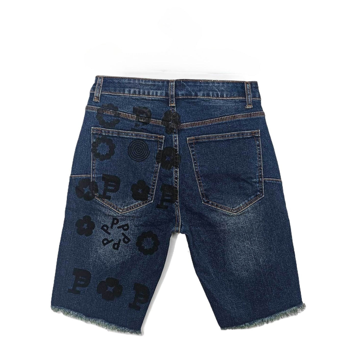 Men's Dark Blue Denim Shorts with All-Over Black P & Floral Print - Distressed Raw Hem Casual Jean Shorts