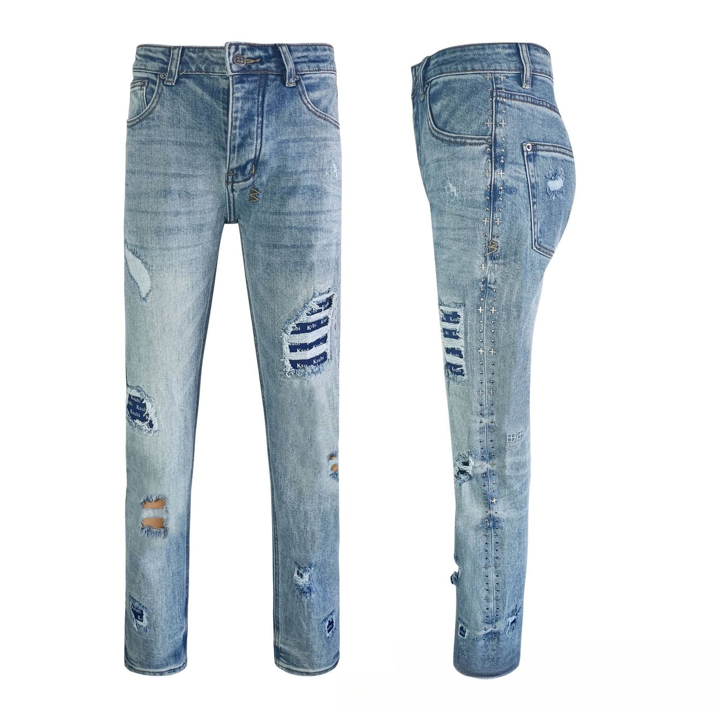 Men's Light Blue Ksubi Style Distressed Ripped Jeans Slim Fit Denim with Multi Rips & Patches