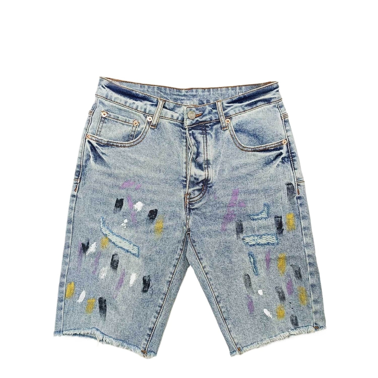 Men's Light Blue Distressed Denim Shorts with Multi Color Paint Splatter Ripped Raw Hem Streetwear