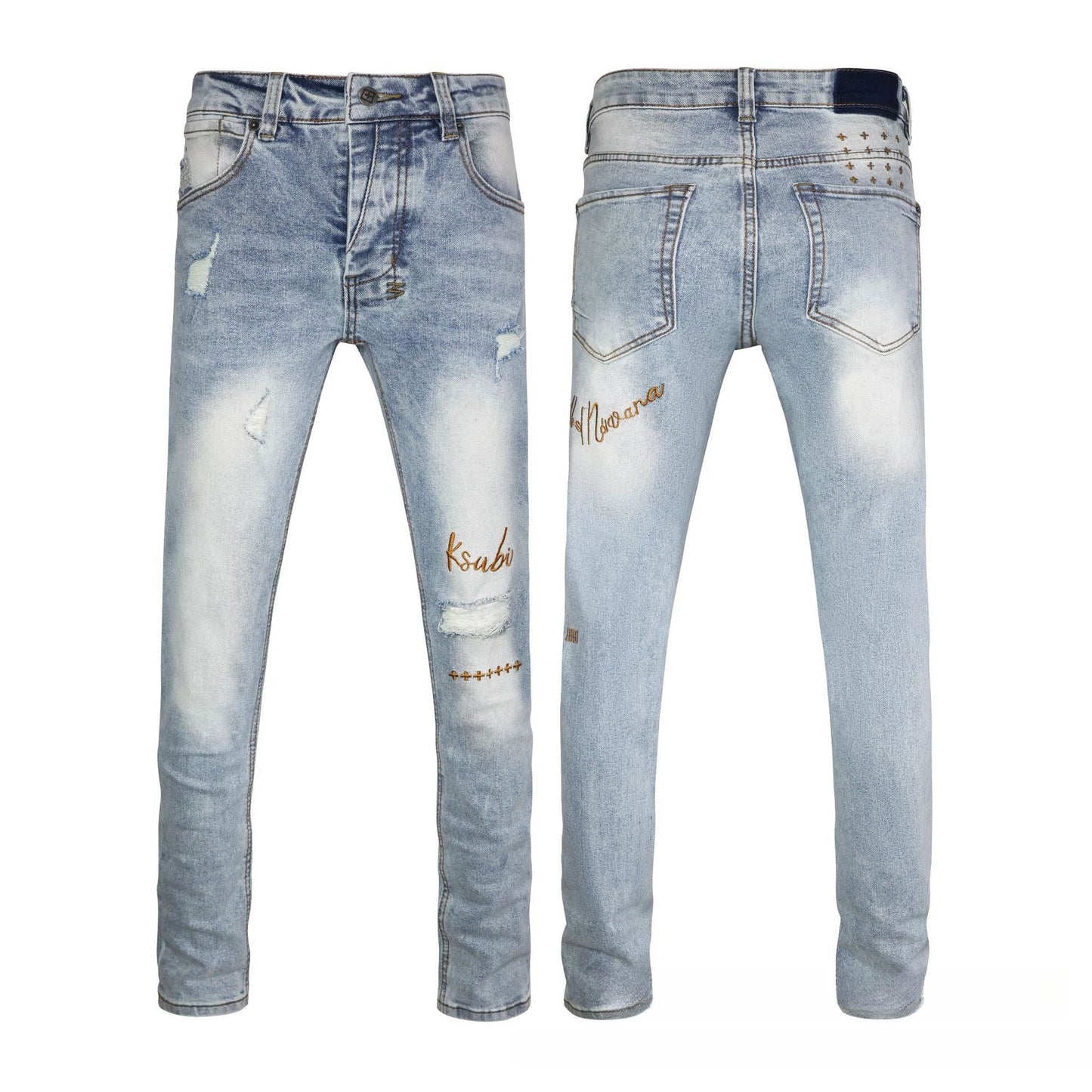 Faded Light Blue High Waisted Flare Jeans - Gold Stitch Ripped Wide Leg with Back Pocket Studs