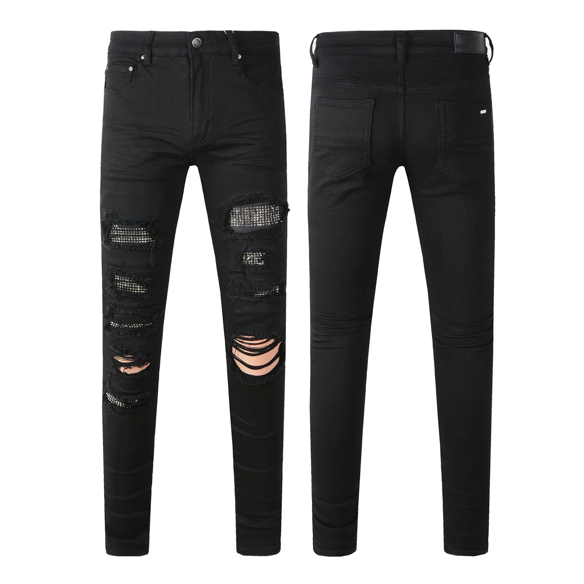 Men’s Slim Fit Black Jeans with Extensive Distressed Rips and Eye-Catching Sequin Details for a Bold Night Out Look 565