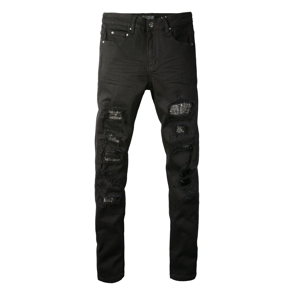 Men’s Slim Fit Black Jeans with Extensive Distressed Rips and Eye-Catching Sequin Details for a Bold Night Out Look 565