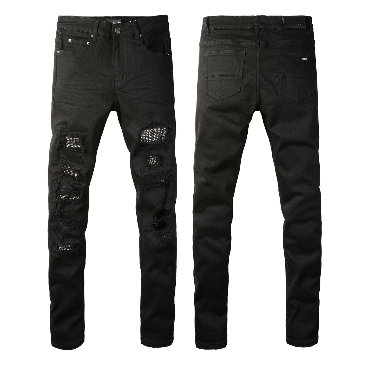 Men’s Slim Fit Black Jeans with Extensive Distressed Rips and Eye-Catching Sequin Details for a Bold Night Out Look 565