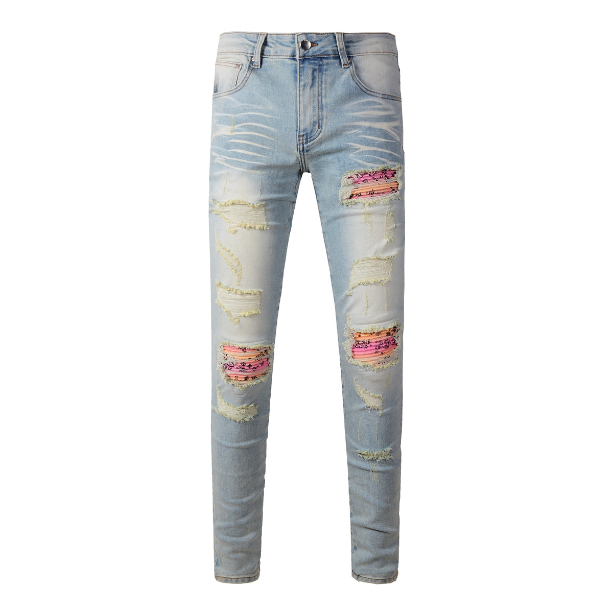Men’s Light Blue Skinny Jeans with Heavy Distressing and Colorful Pink Patchwork Accents for a Bold Summer Look 589