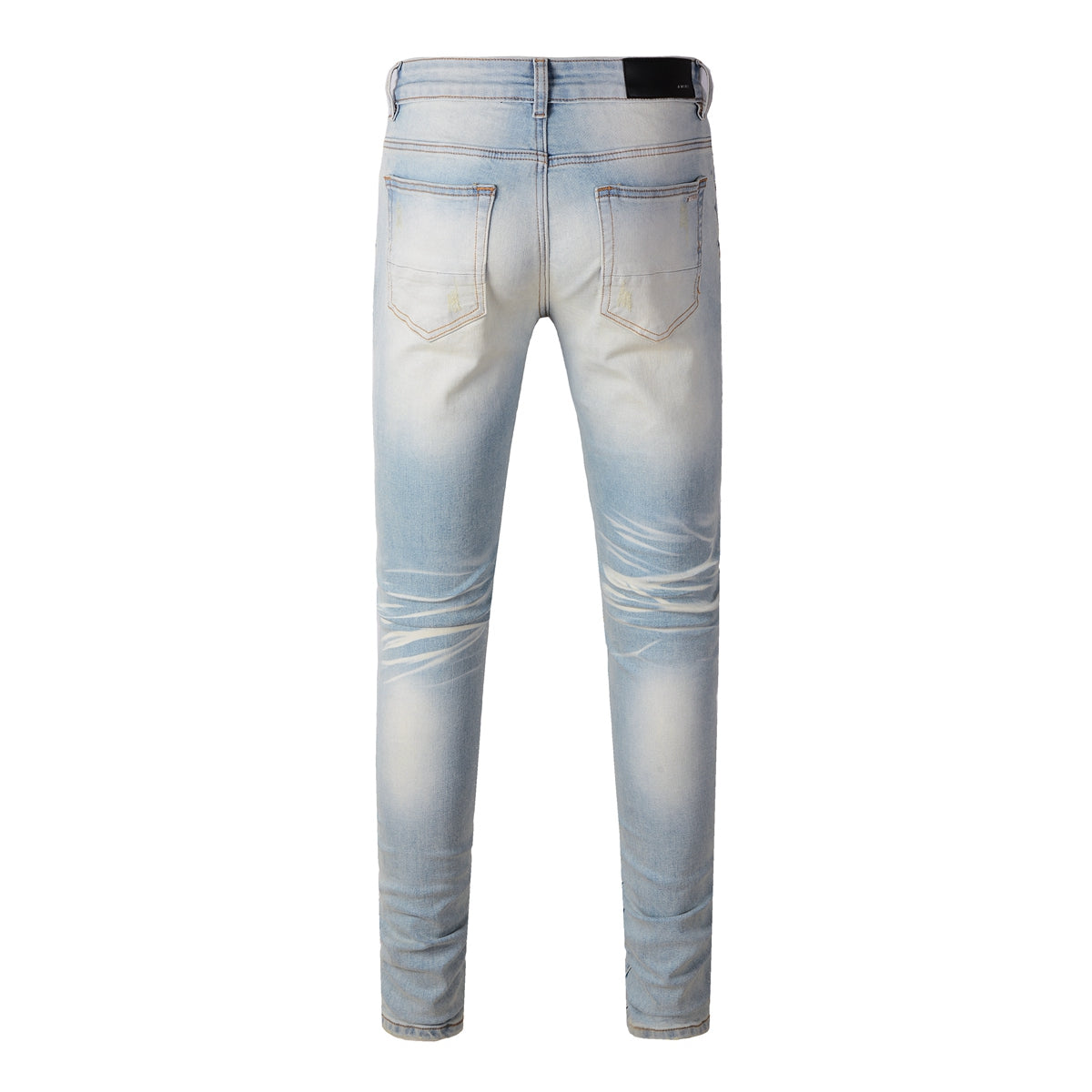 Men’s Light Blue Skinny Jeans with Heavy Distressing and Colorful Pink Patchwork Accents for a Bold Summer Look 589