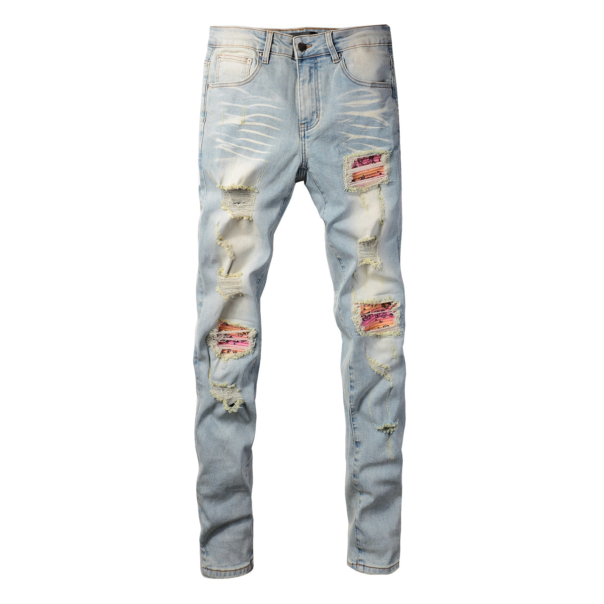 Men’s Light Blue Skinny Jeans with Heavy Distressing and Colorful Pink Patchwork Accents for a Bold Summer Look 589