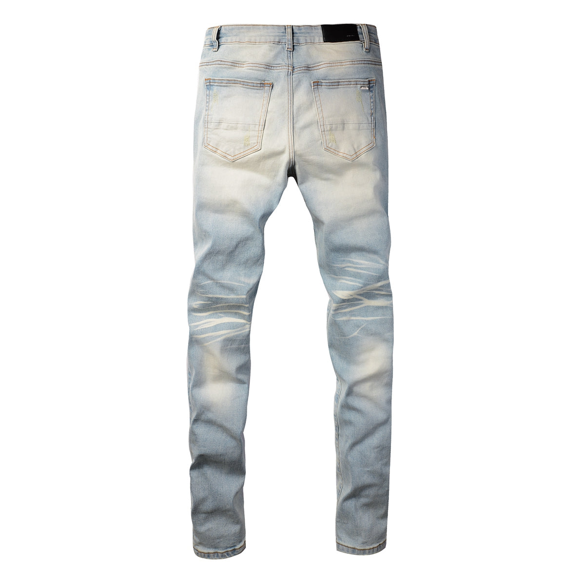 Men’s Light Blue Skinny Jeans with Heavy Distressing and Colorful Pink Patchwork Accents for a Bold Summer Look 589