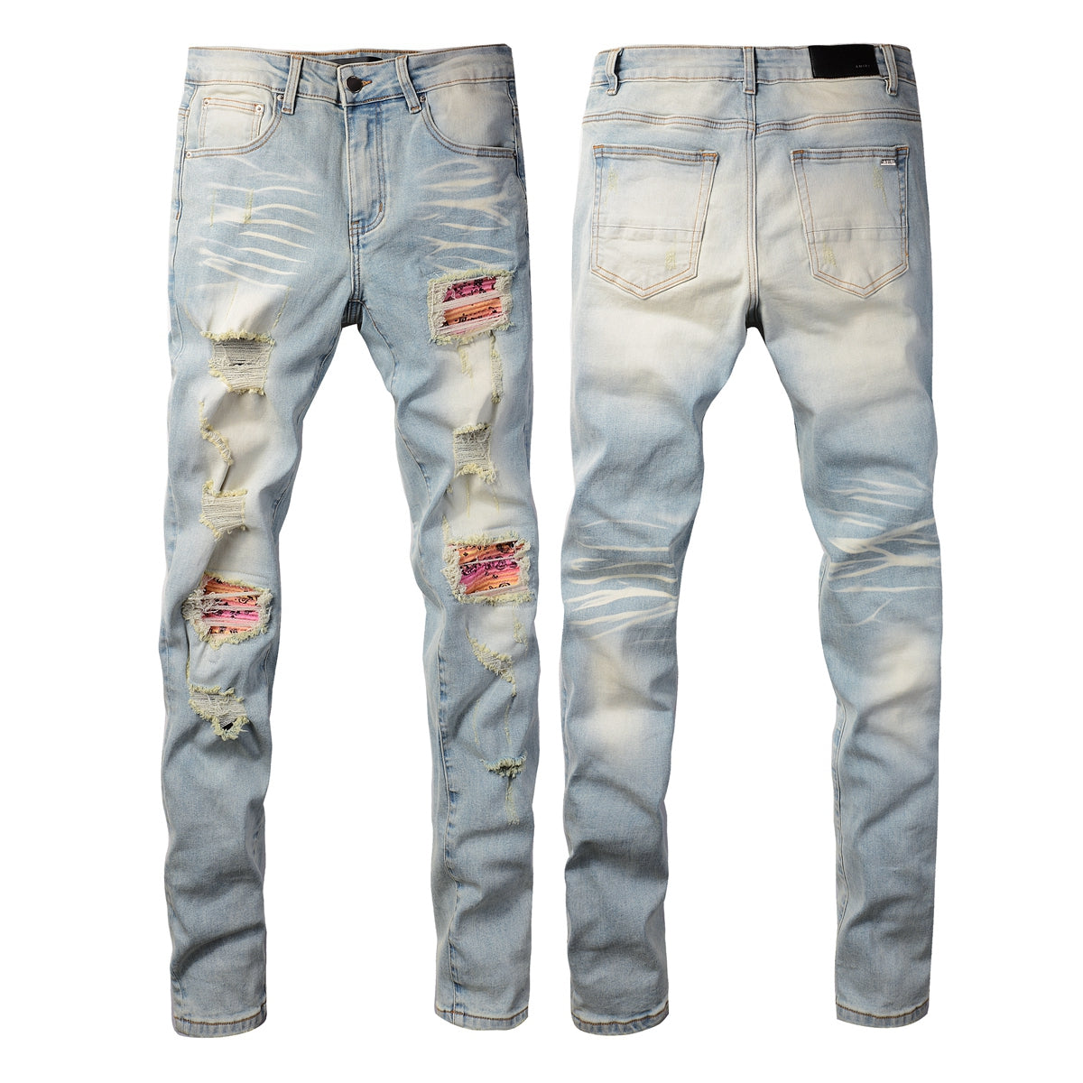 Men’s Light Blue Skinny Jeans with Heavy Distressing and Colorful Pink Patchwork Accents for a Bold Summer Look 589