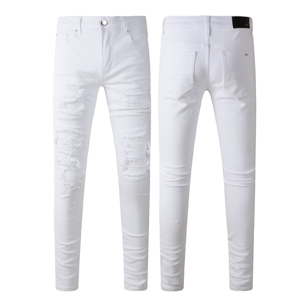 Men’s White Slim Fit Ripped Jeans with Layered Patchwork Distressing for a Clean and Modern Summer Look 592