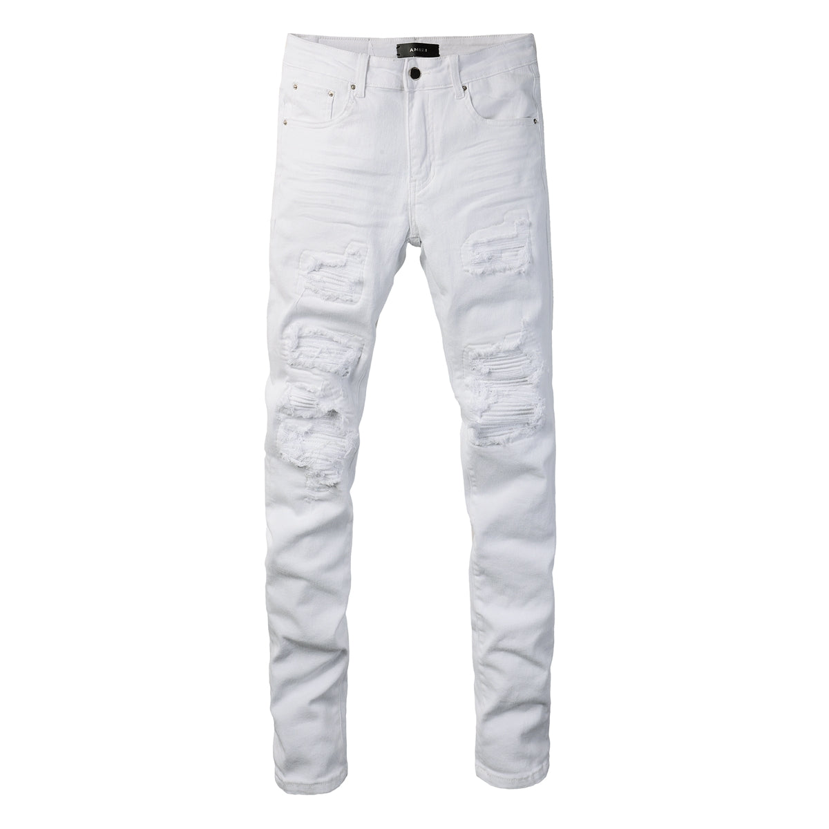 Men’s White Slim Fit Ripped Jeans with Layered Patchwork Distressing for a Clean and Modern Summer Look 592