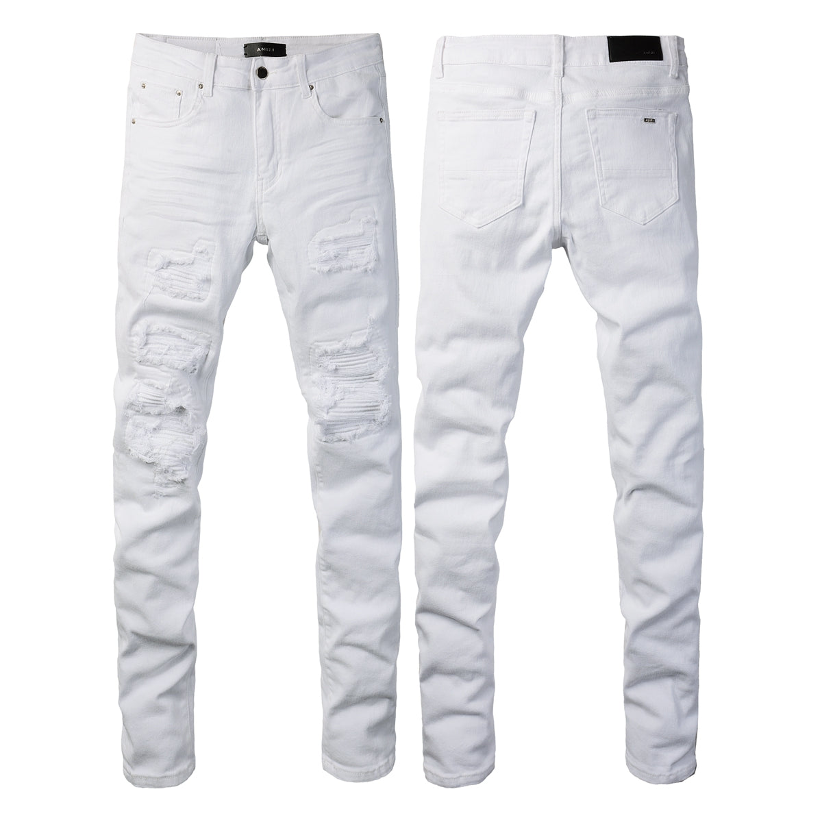 Men’s White Slim Fit Ripped Jeans with Layered Patchwork Distressing for a Clean and Modern Summer Look 592