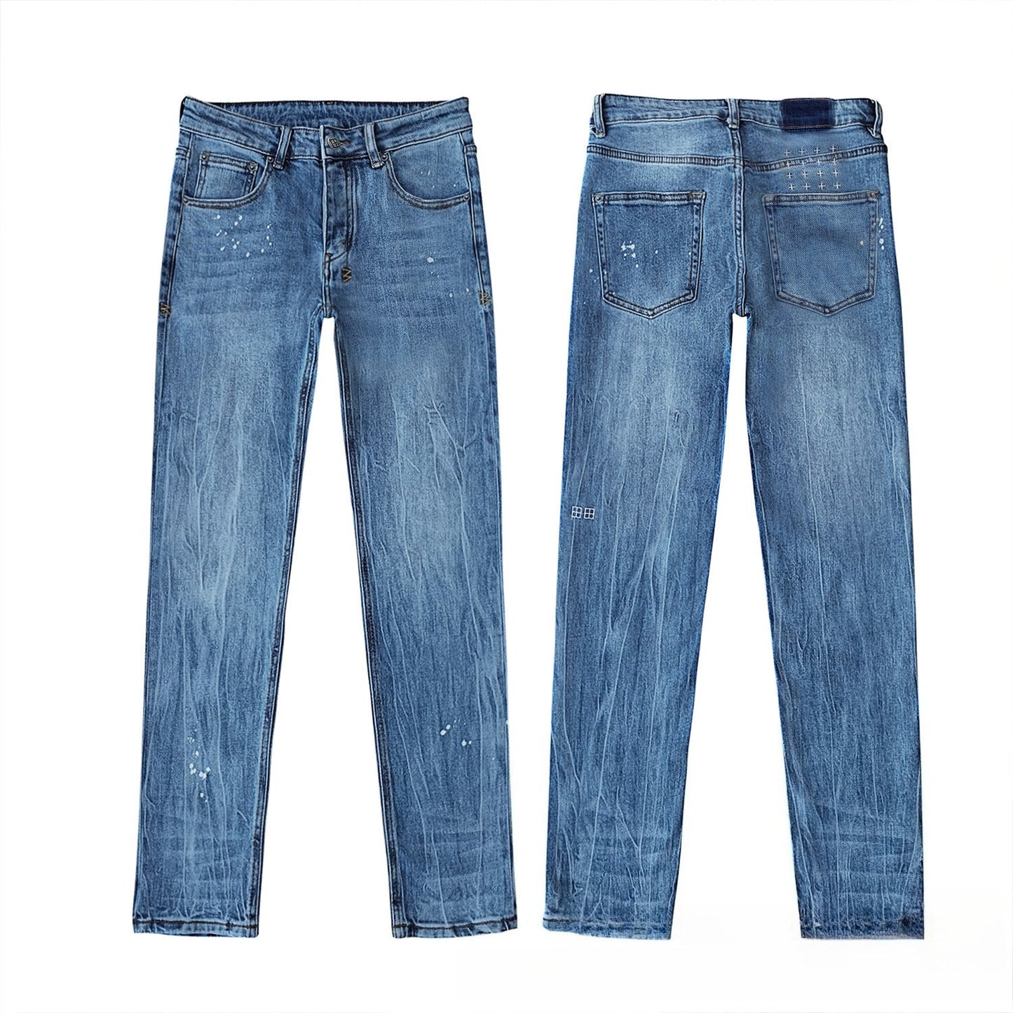 Men's Blue Distressed Jeans with White Paint Splatter Slim Fit Denim Pants Streetwear Style