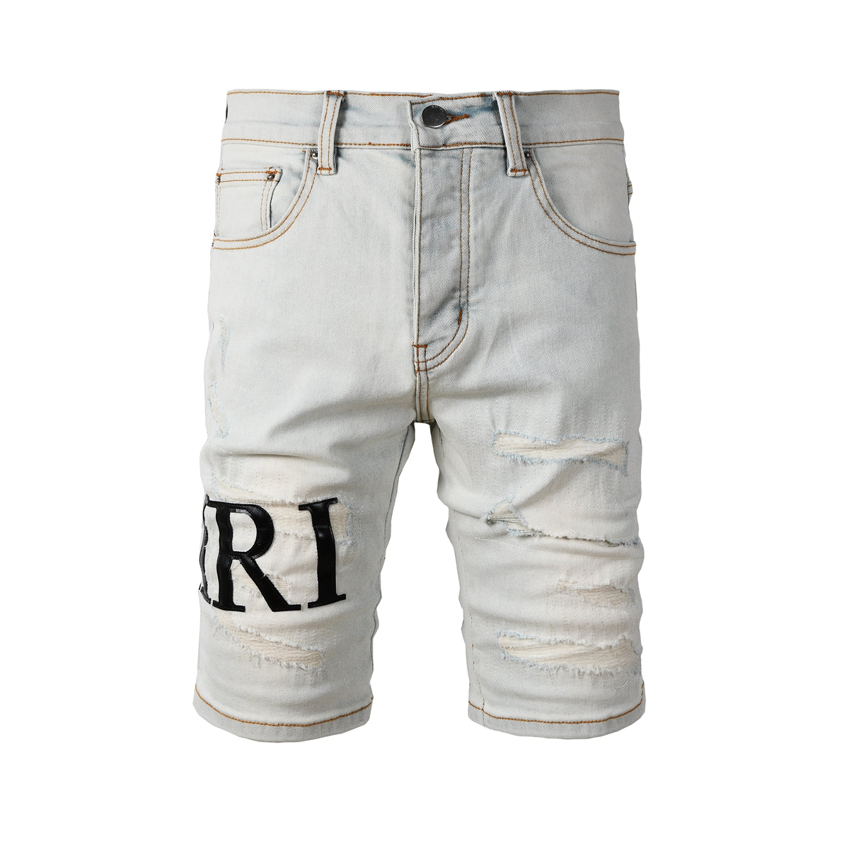 Men’s Light Wash Distressed Denim Shorts with Bold Black Letter Print Casual Streetwear Style 6001