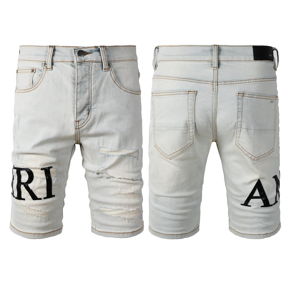 Men’s Light Wash Distressed Denim Shorts with Bold Black Letter Print Casual Streetwear Style 6001