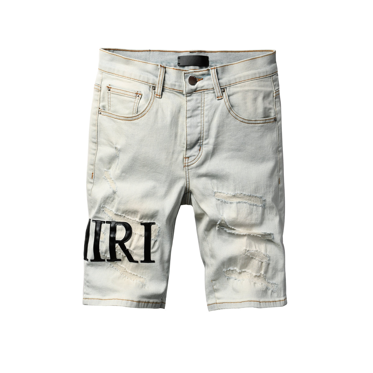 Men’s Light Wash Distressed Denim Shorts with Bold Black Letter Print Casual Streetwear Style 6001