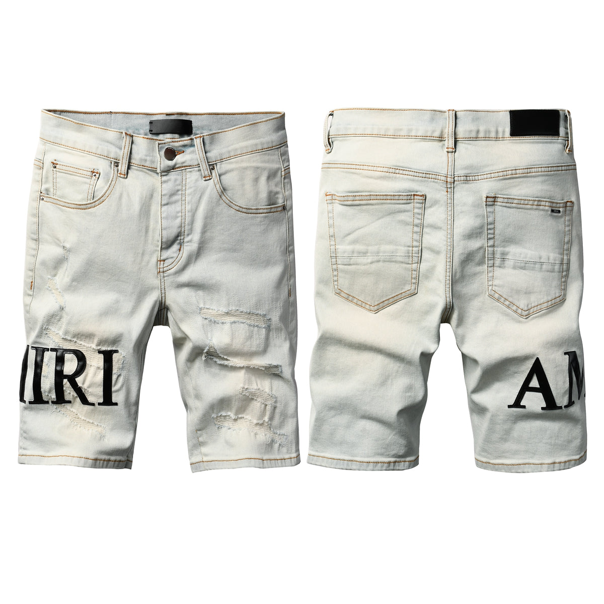 Men’s Light Wash Distressed Denim Shorts with Bold Black Letter Print Casual Streetwear Style 6001