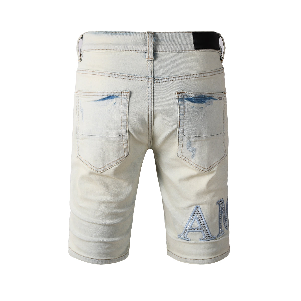 Men's Light Wash Denim Shorts with Rhinestone Patch and Distressed Details 6002