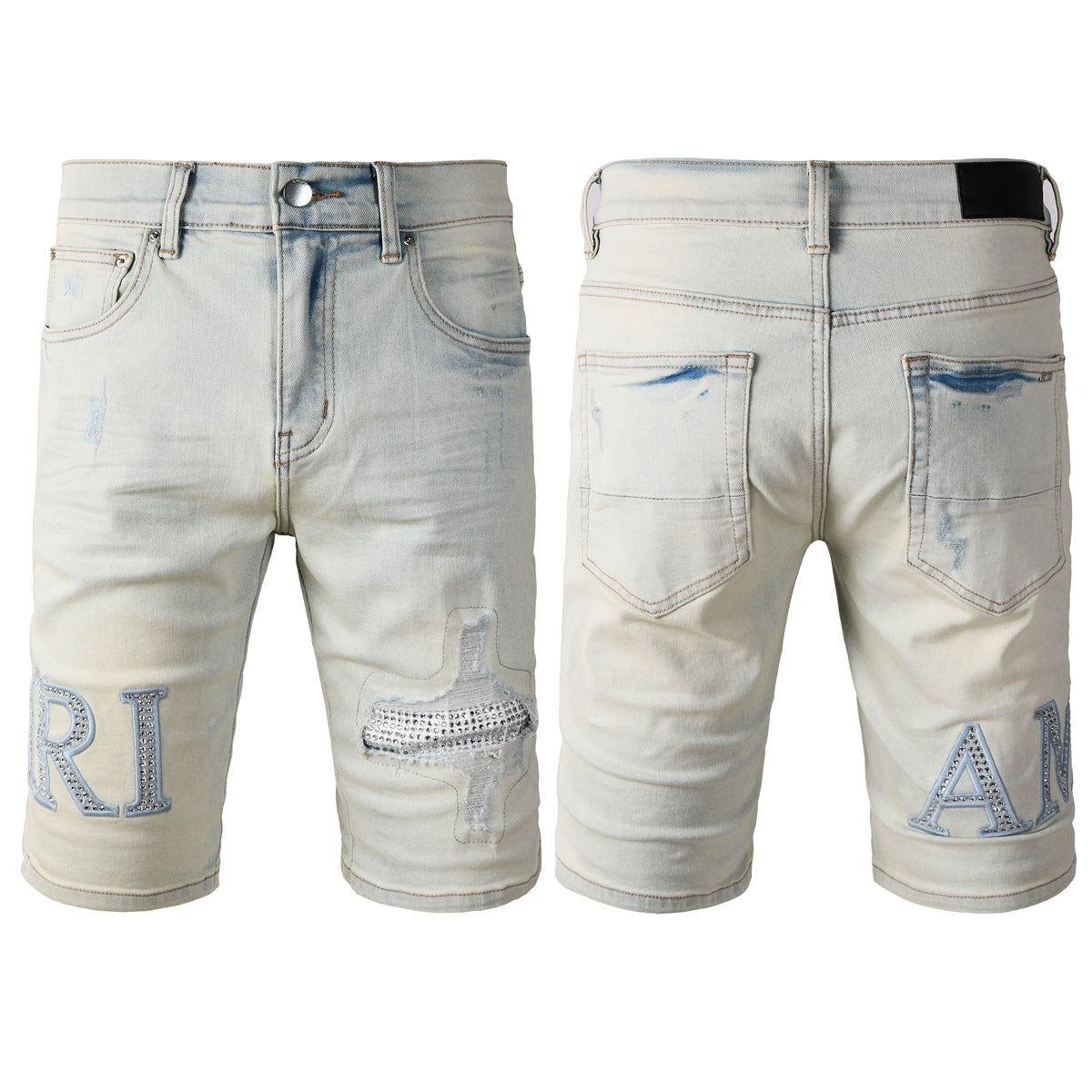 Men's Light Wash Denim Shorts with Rhinestone Patch and Distressed Details 6002