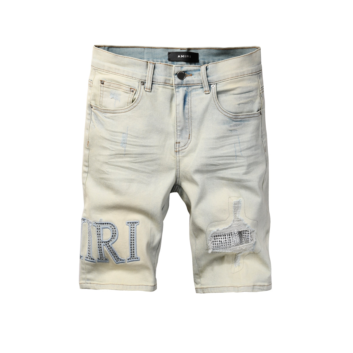 Men's Light Wash Denim Shorts with Rhinestone Patch and Distressed Details 6002