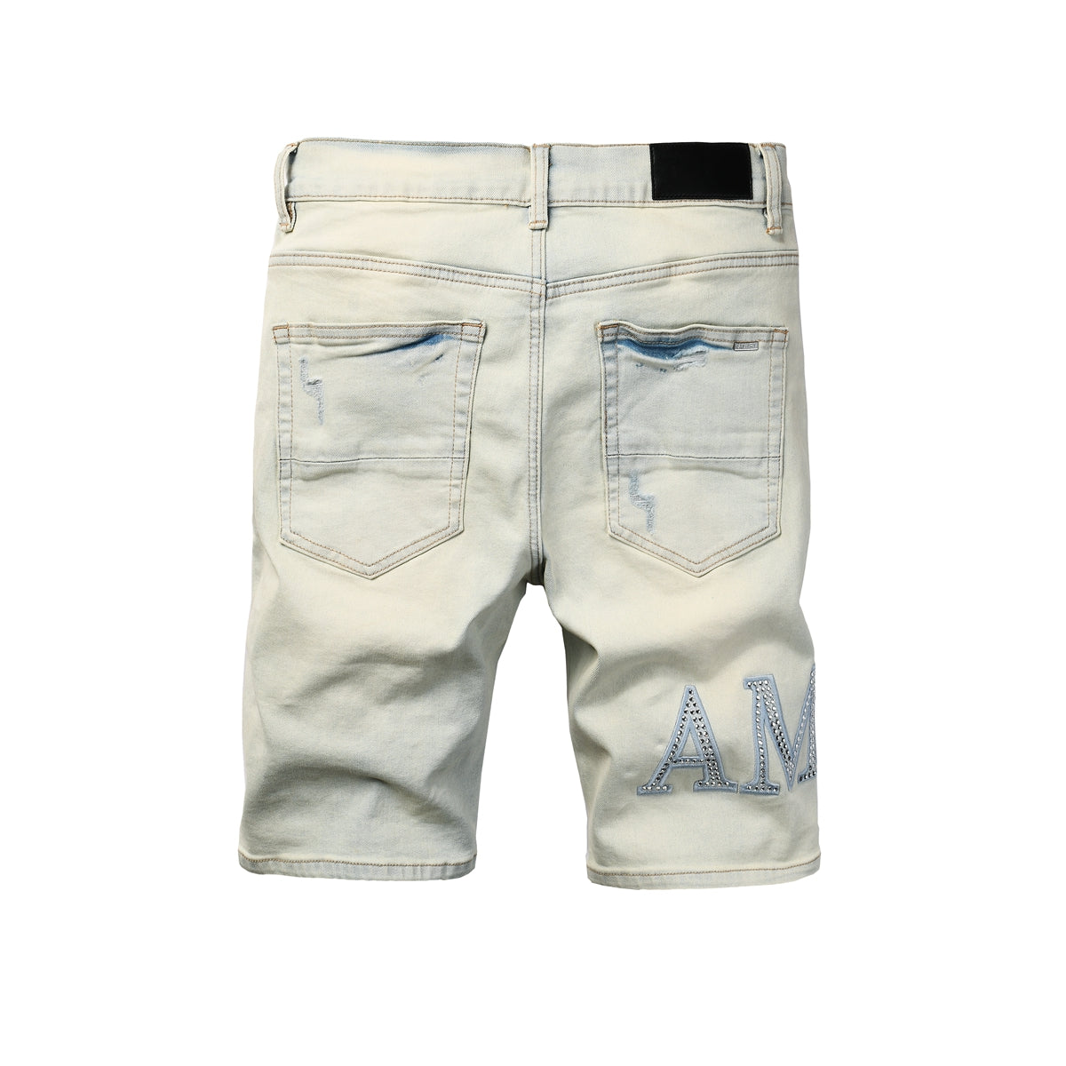 Men's Light Wash Denim Shorts with Rhinestone Patch and Distressed Details 6002