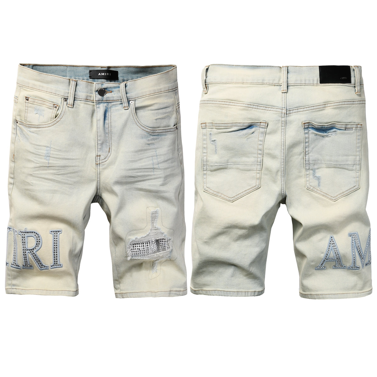 Men's Light Wash Denim Shorts with Rhinestone Patch and Distressed Details 6002
