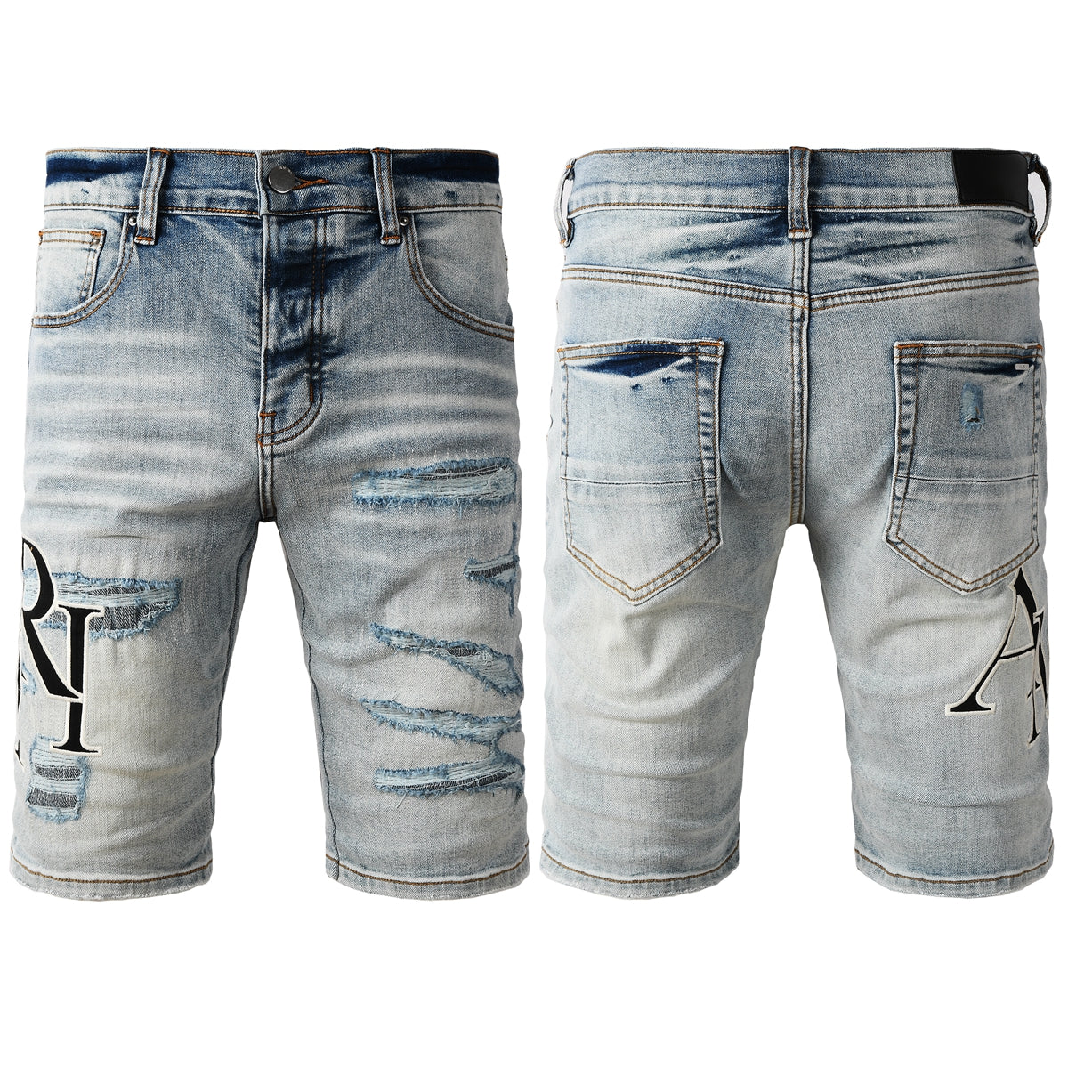 Men's Light Blue Distressed Denim Shorts with Heavy Rips and Washed Effect 6003
