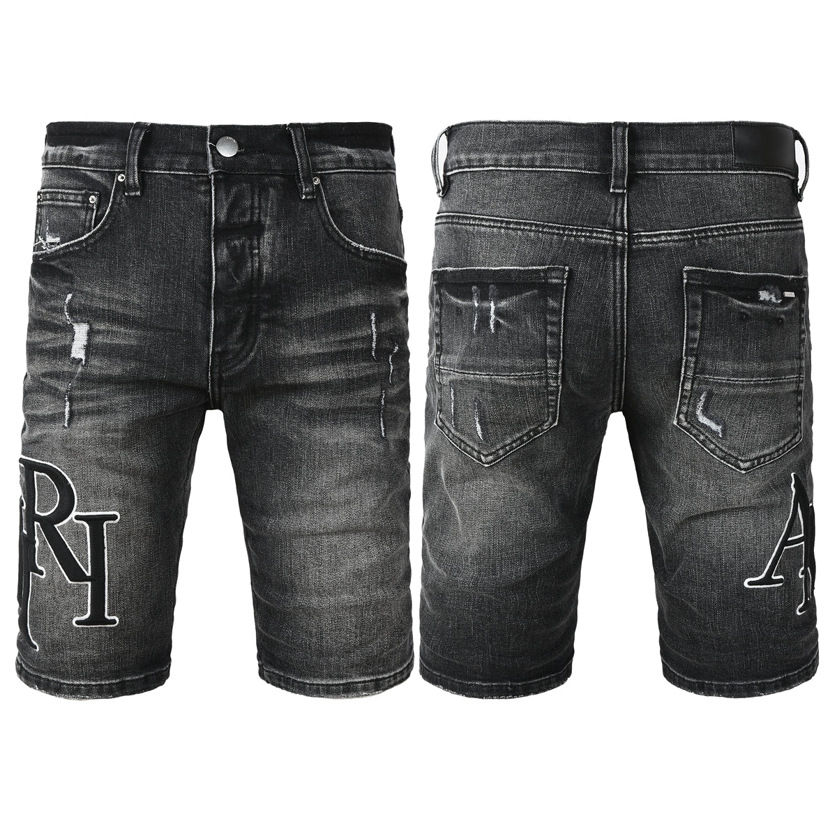 Men's Black Washed Denim Shorts with Distressed Accents and Slim Fit 6004