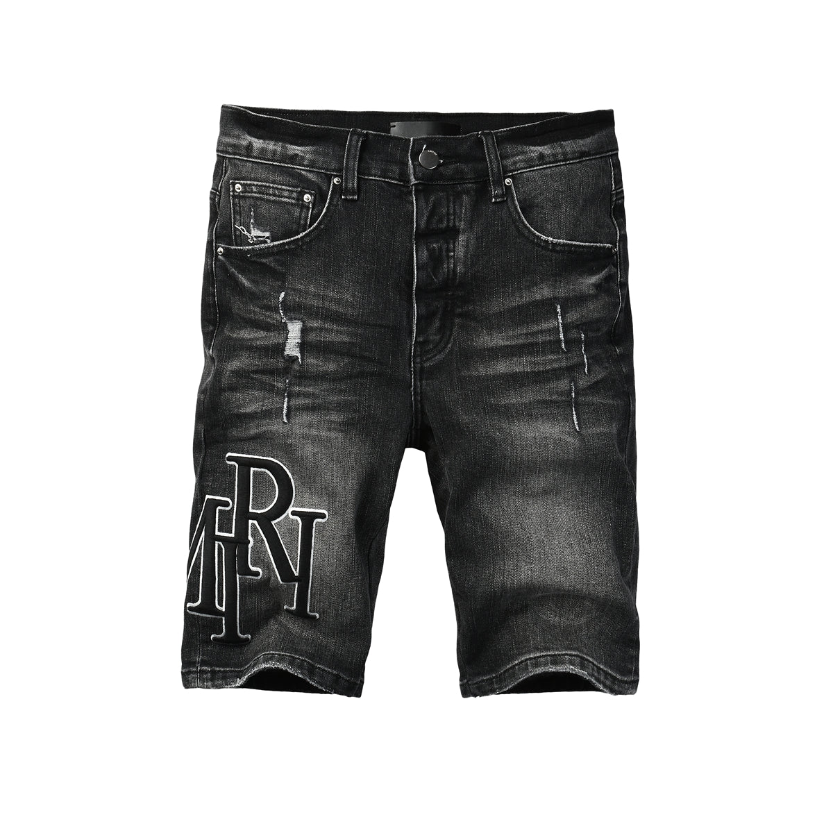 Men's Black Washed Denim Shorts with Distressed Accents and Slim Fit 6004