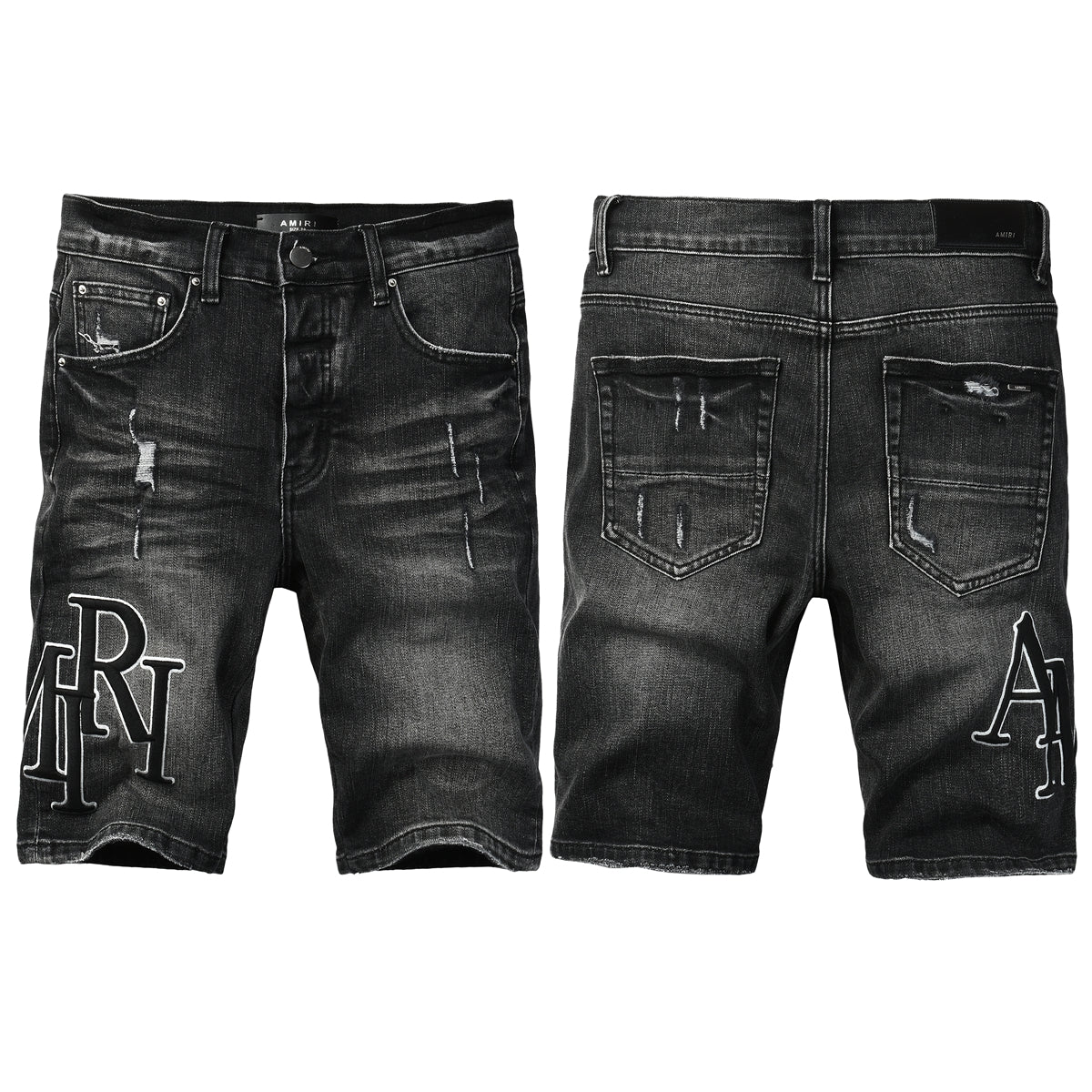 Men's Black Washed Denim Shorts with Distressed Accents and Slim Fit 6004