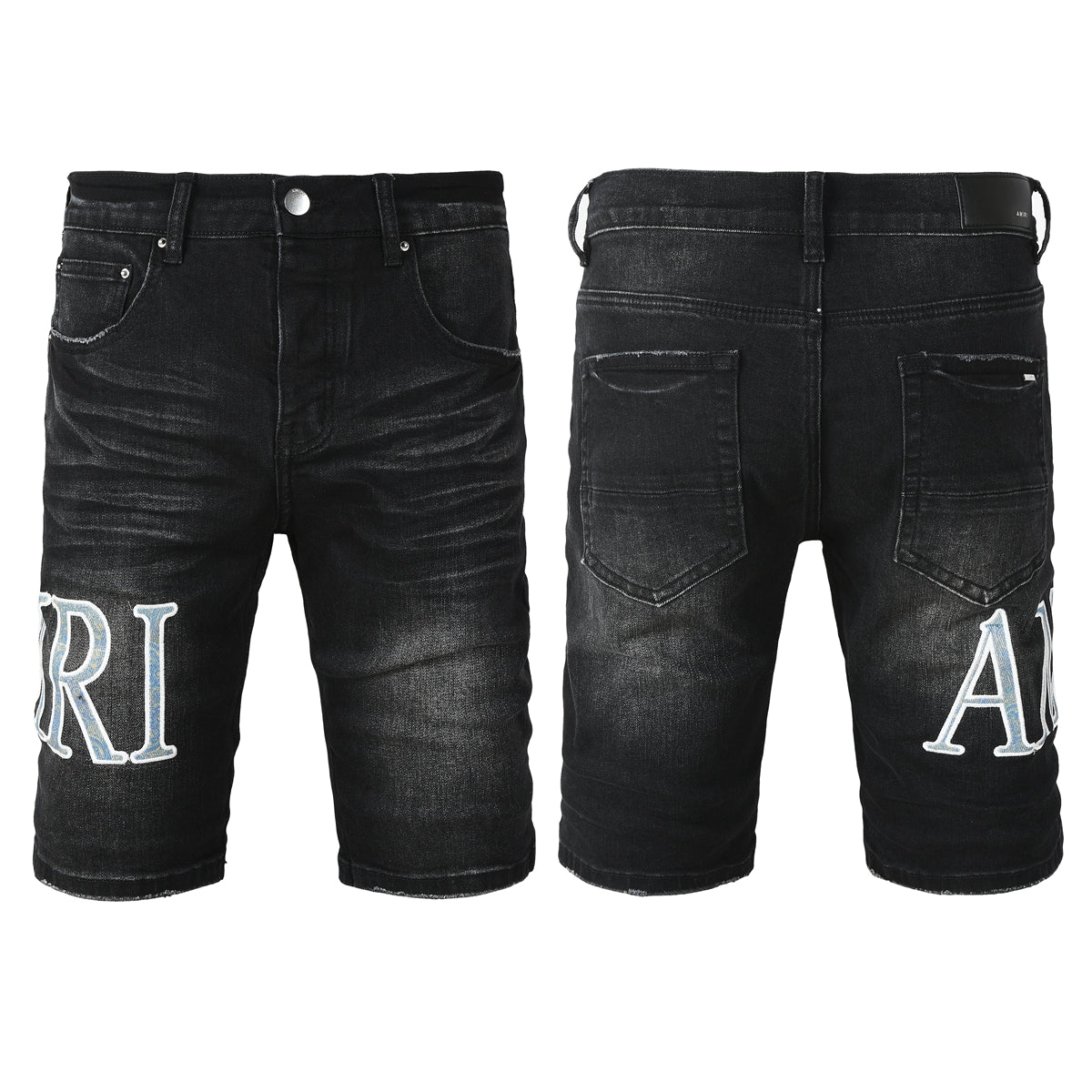 Men's Black Slim-Fit Denim Shorts with Washed Texture and Contrast Stitch Detail 6005