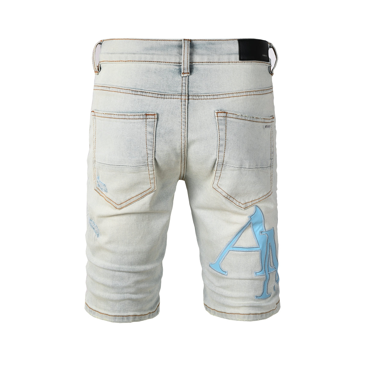 Men's Light Wash Ripped Denim Shorts with Black Underside Detail and Blue Patch Accents 6006
