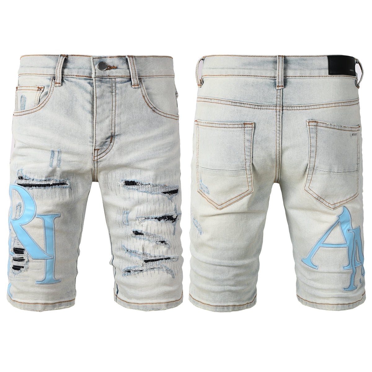 Men's Light Wash Ripped Denim Shorts with Black Underside Detail and Blue Patch Accents 6006