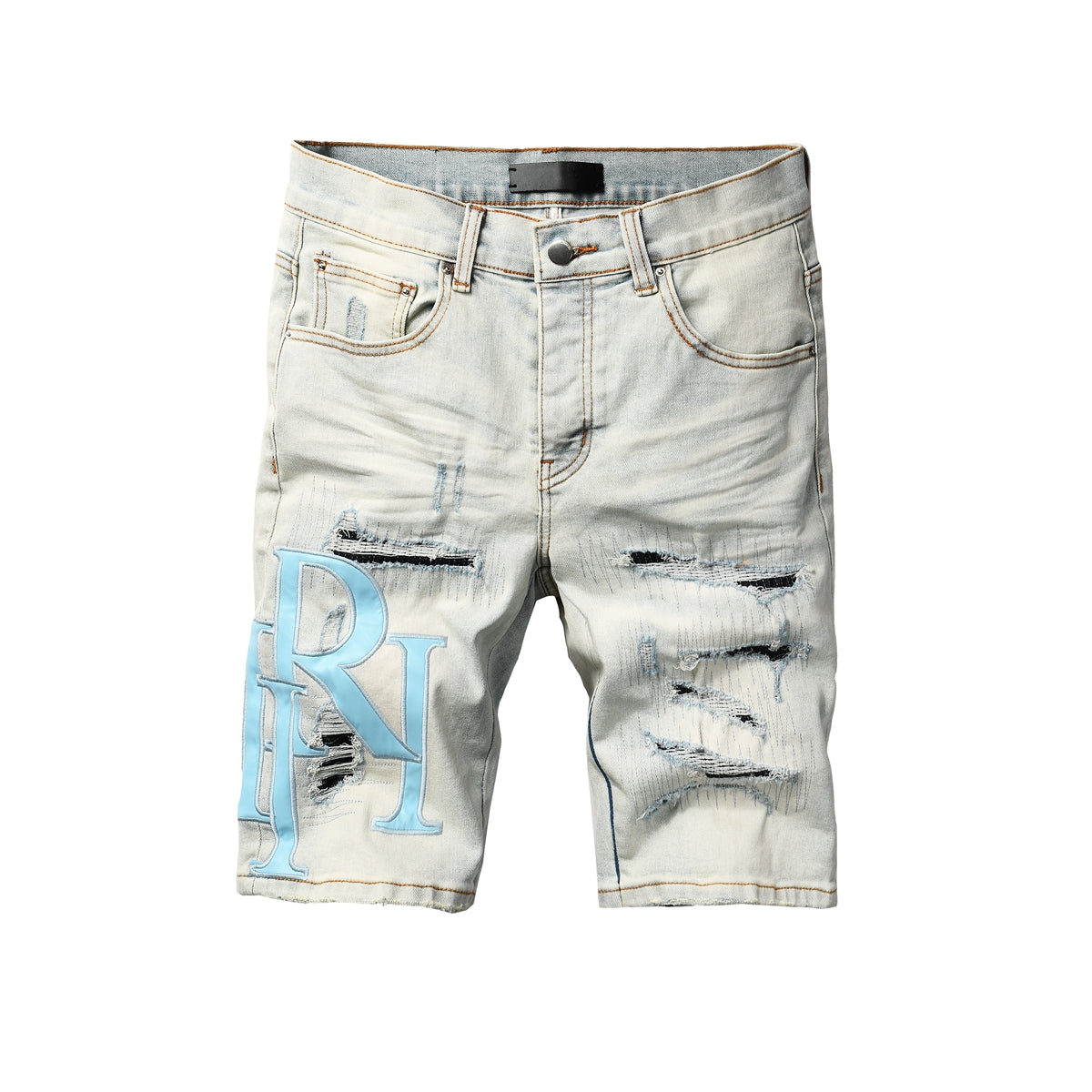 Men's Light Wash Ripped Denim Shorts with Black Underside Detail and Blue Patch Accents 6006