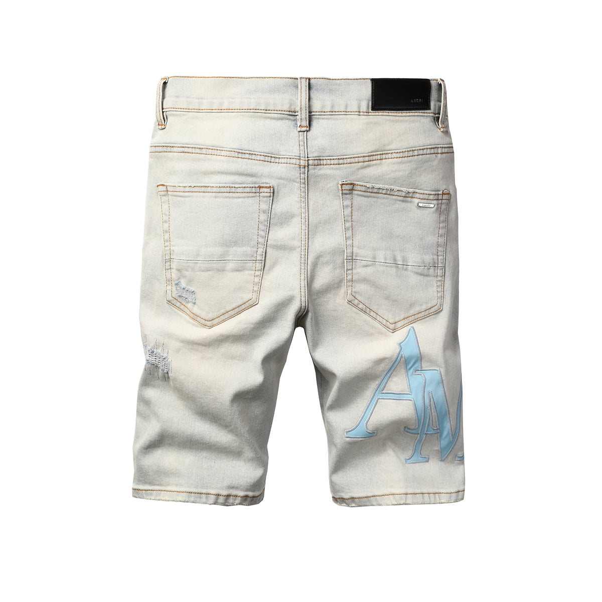 Men's Light Wash Ripped Denim Shorts with Black Underside Detail and Blue Patch Accents 6006