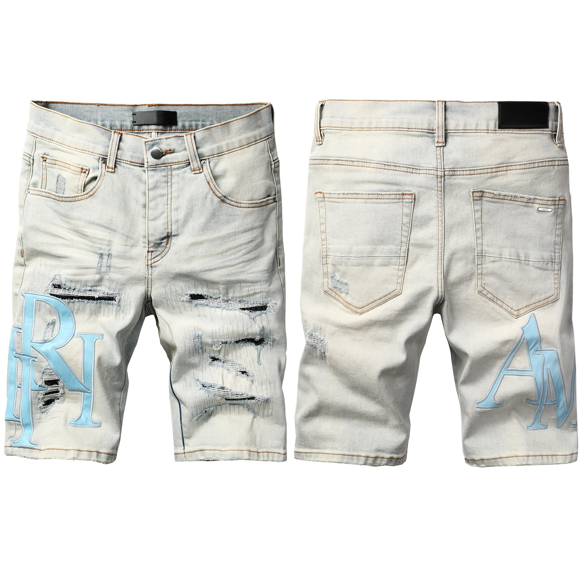 Men's Light Wash Ripped Denim Shorts with Black Underside Detail and Blue Patch Accents 6006