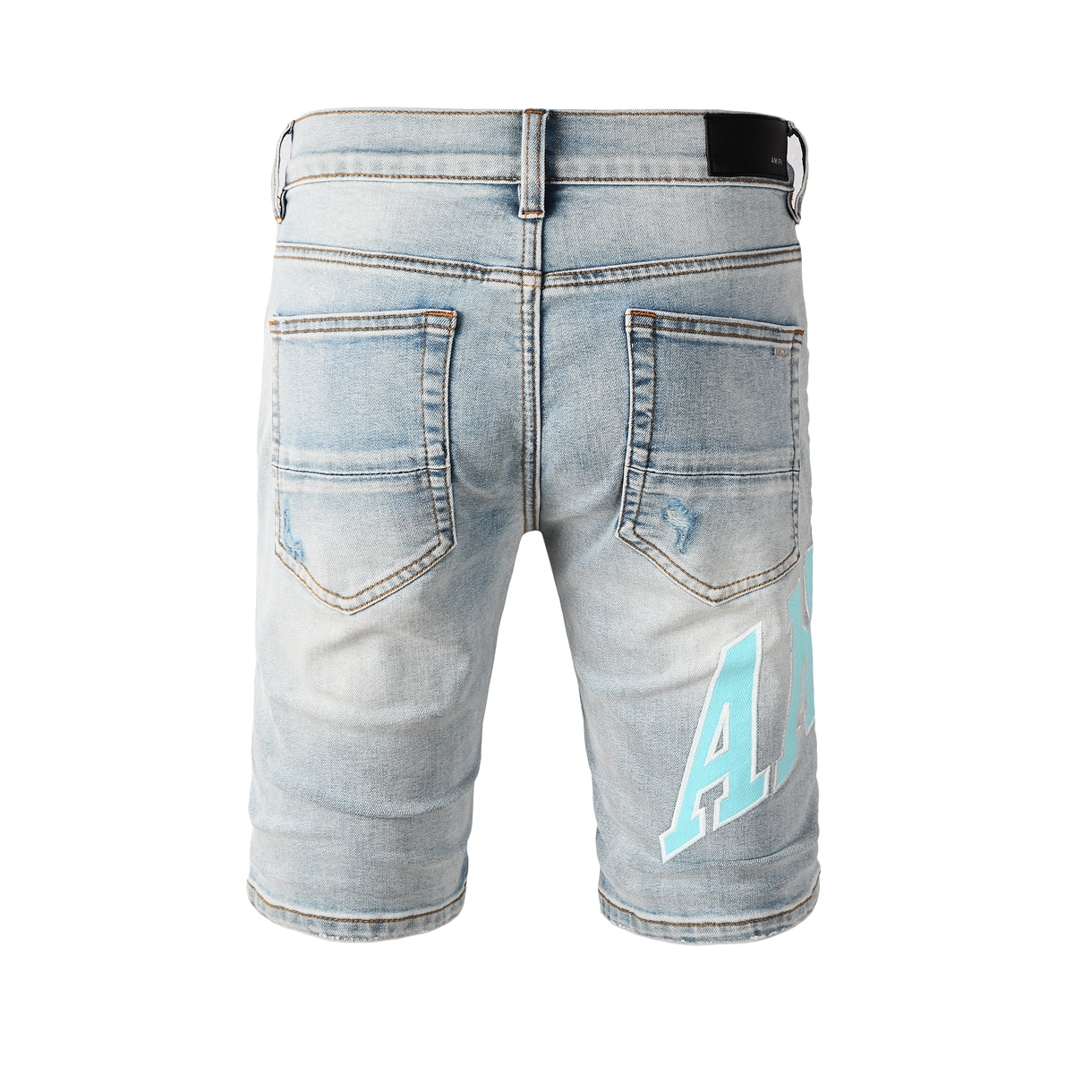 Men's Light Blue Ripped Denim Shorts with Washed Finish and Contrast Patch Accents 6007