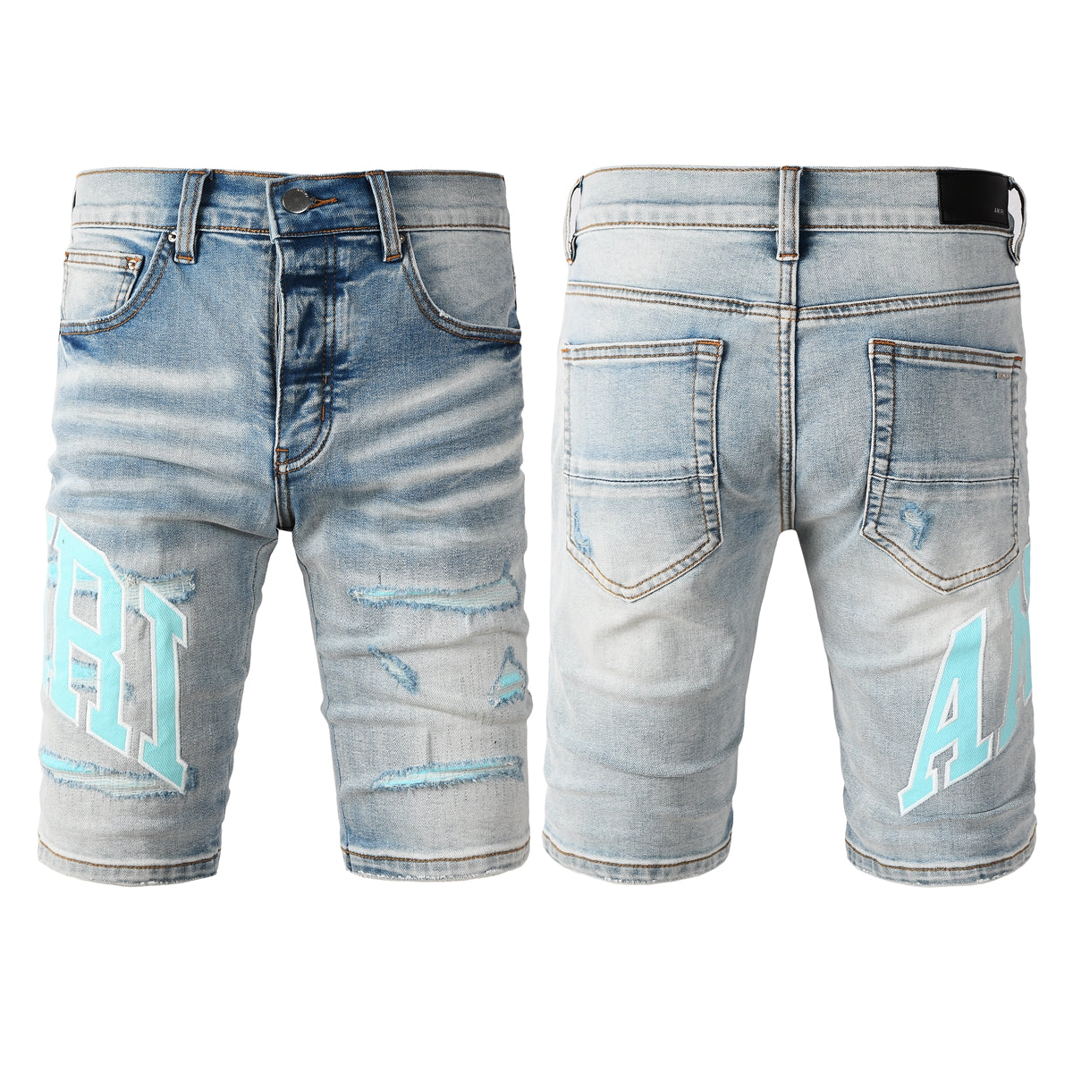 Men's Light Blue Ripped Denim Shorts with Washed Finish and Contrast Patch Accents 6007